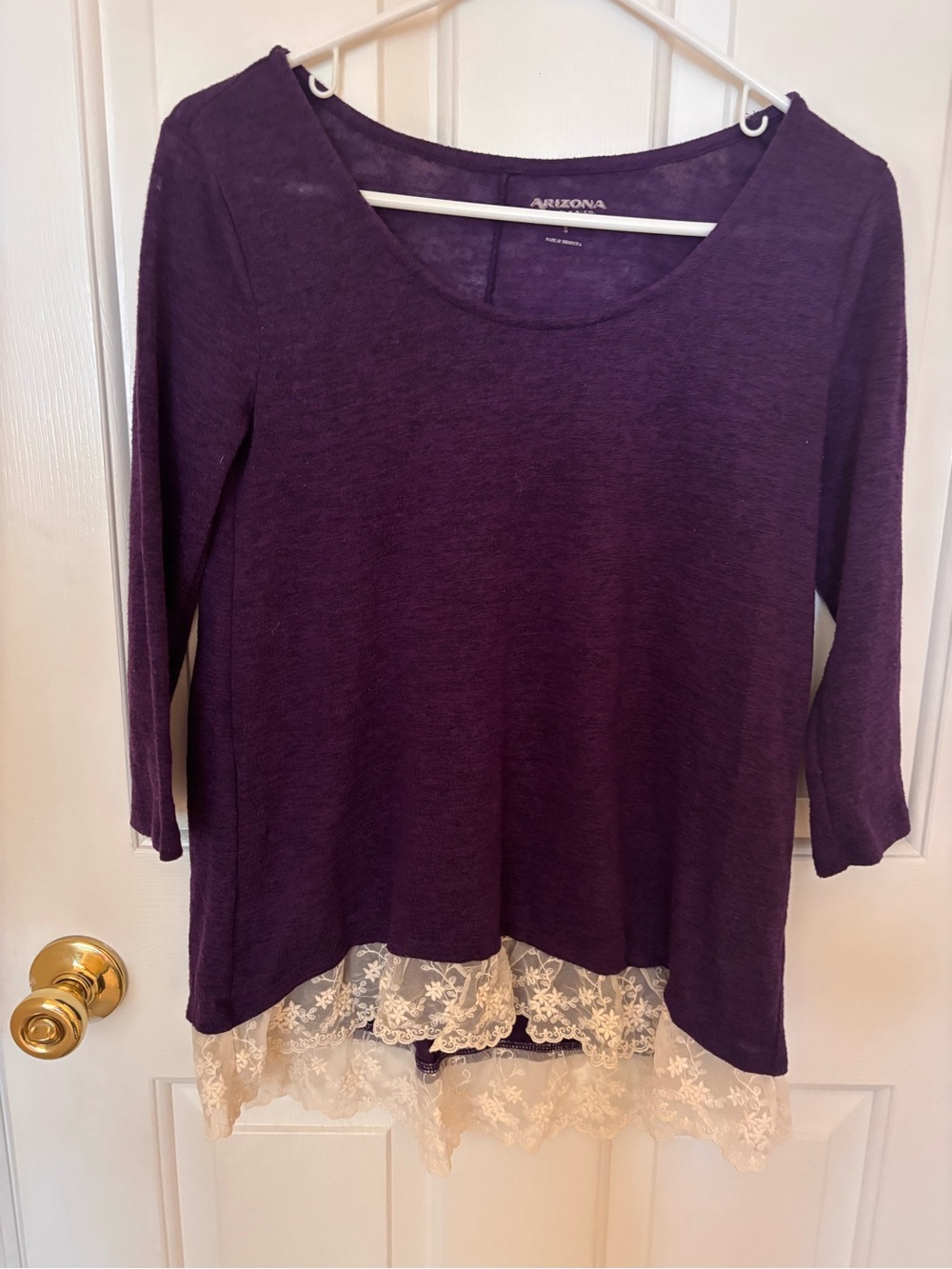 Arizona Jean Company Plum Scoop Neck Top with Cream Lace Trim